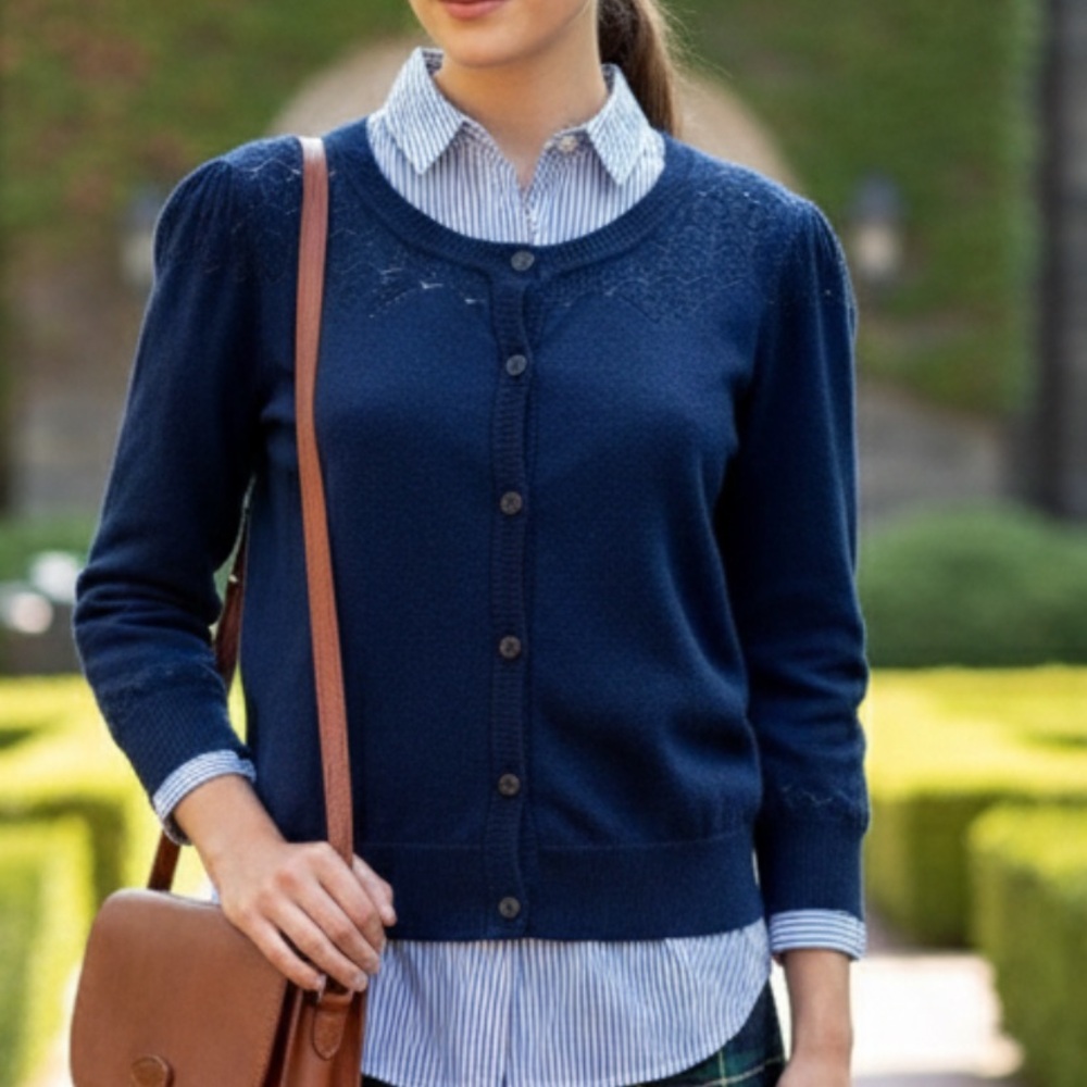 Mark Sweater Women Retro Cottage Basic Layer Staple Button Navy Crochet M,L